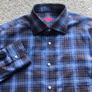 Isaia Napoli Blue Brown Plaid Check L/S Cotton Spread Collar Dress Shirt. 17.5